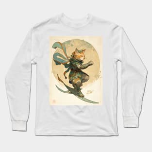 Fantasy Samurai Cat Surfer Art Nouveau Long Sleeve T-Shirt